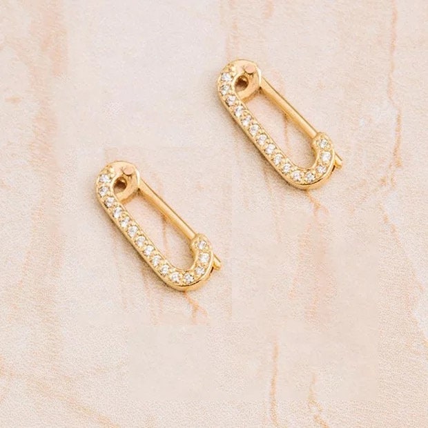 925 sterling silver 18k gold plated earring, Vermeil delicate Pave CZ diamond earring, Safety pin small huggie  earring