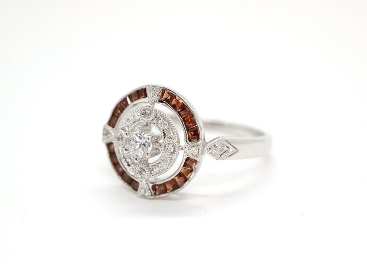 Antique Art Deco inspired white gold ring with diamond and orange sapphire halo, Vintage wedding ring with sapphire and diamonds