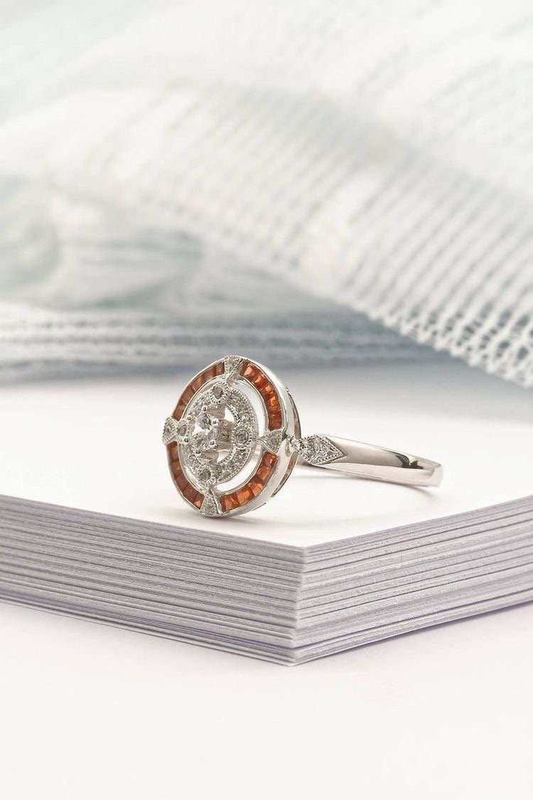 Antique Art Deco inspired white gold ring with diamond and orange sapphire halo, Vintage wedding ring with sapphire and diamonds