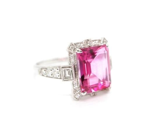 Art Deco vintage pink topaz diamond ring in white gold - art deco emerald cut ring, White gold engagement ring, White gold wedding ring,