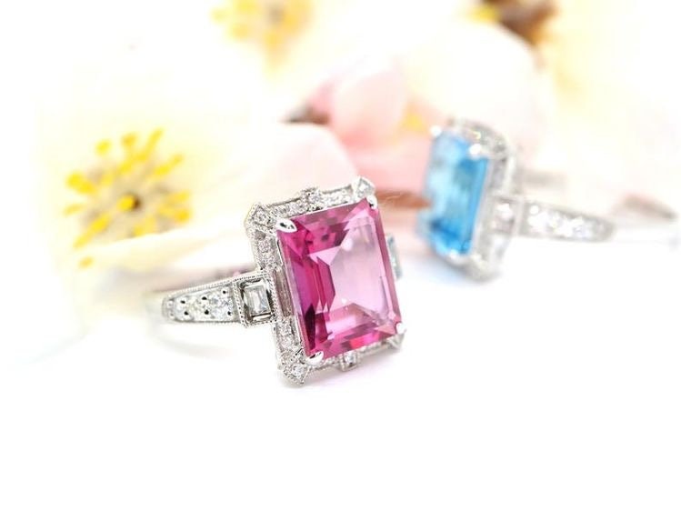 Art Deco vintage pink topaz diamond ring in white gold - art deco emerald cut ring, White gold engagement ring, White gold wedding ring,