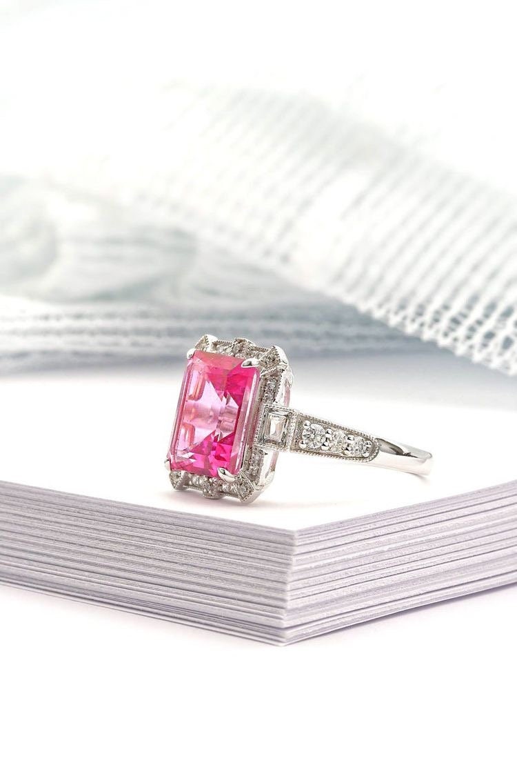 Art Deco vintage pink topaz diamond ring in white gold - art deco emerald cut ring, White gold engagement ring, White gold wedding ring,