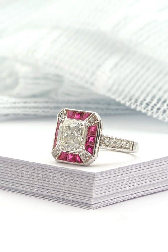 Moissanite and pink tourmaline ring with natural diamond in white gold setting - Moissanite engagement ring, Tourmaline ring,