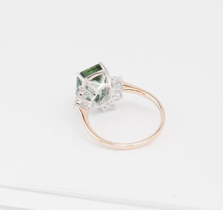 Emerald cut mint Tourmaline with off-set diamond details, Contemporary design ring with custom gemstone in 18k white gold, 18k rose gold.