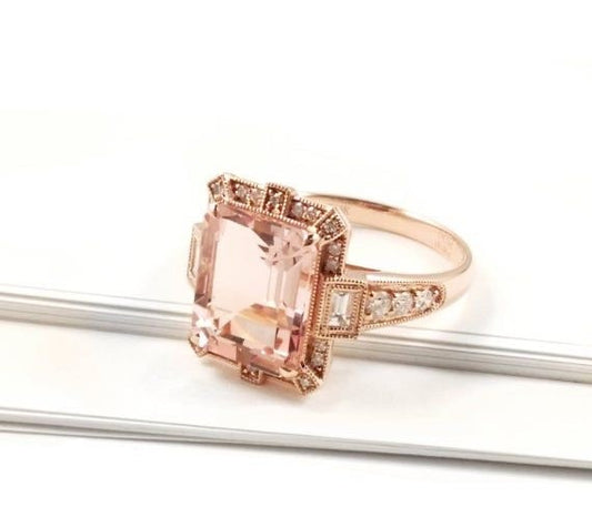 Art Deco vintage Morganite diamond ring in rose gold - art deco vintage ring, Rose gold engagement ring, Rose gold wedding ring,