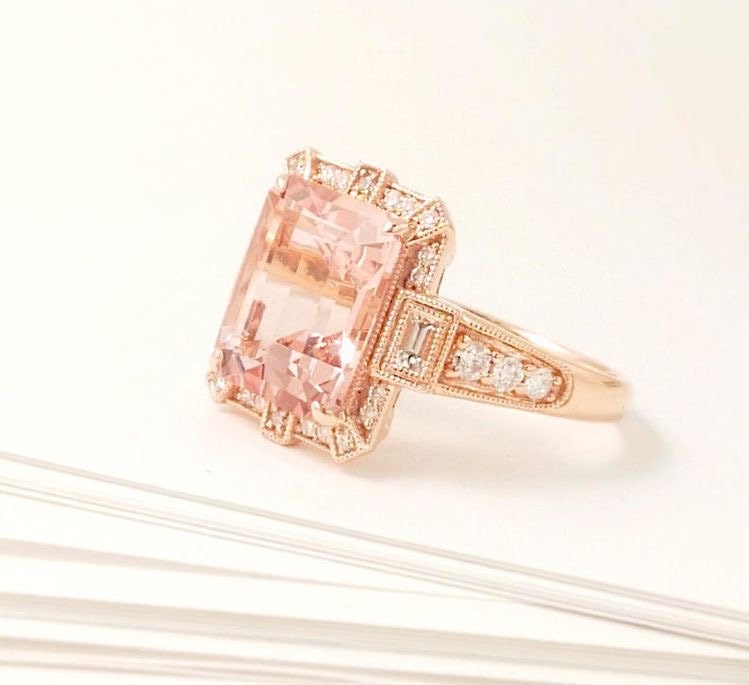 Art Deco vintage Morganite diamond ring in rose gold - art deco vintage ring, Rose gold engagement ring, Rose gold wedding ring,