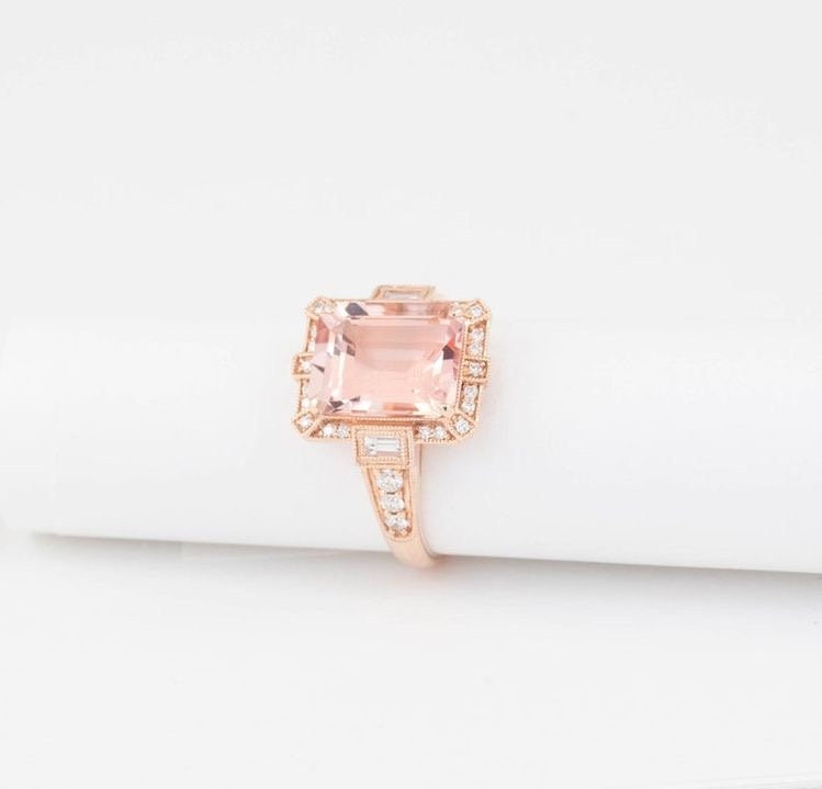 Art Deco vintage Morganite diamond ring in rose gold - art deco vintage ring, Rose gold engagement ring, Rose gold wedding ring,