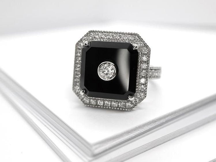 Art deco black onyx ring in Sterling silver and CZ - Black onyx Art deco ring