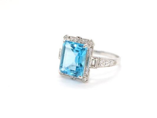 Art Deco vintage blue topaz diamond ring in white gold - art deco emerald cut ring, White gold engagement ring, Topaz wedding ring