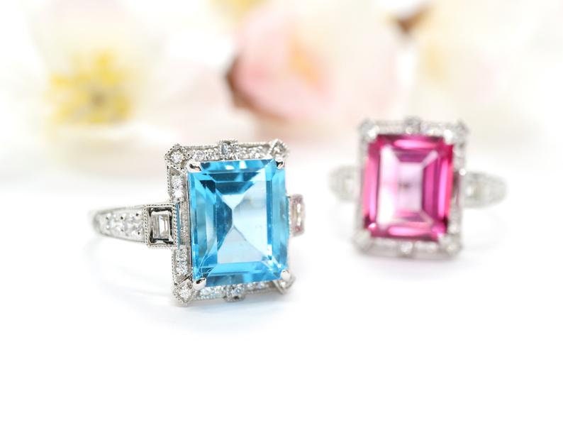 Art Deco vintage blue topaz diamond ring in white gold - art deco emerald cut ring, White gold engagement ring, Topaz wedding ring