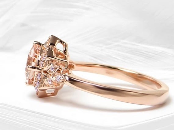 Lotus flower morganite ring, Morganite and  diamond ring, 14k rose gold engagement ring, Flower style engagement ring