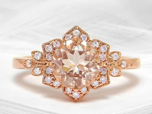 Lotus flower morganite ring, Morganite and  diamond ring, 14k rose gold engagement ring, Flower style engagement ring