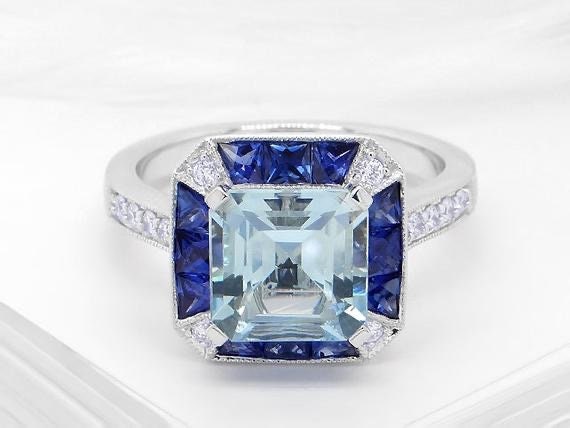 Blue sapphire and Aquamarine ring with natural diamond in white gold setting - Sapphire engagement ring, Aquamarine square cut ring