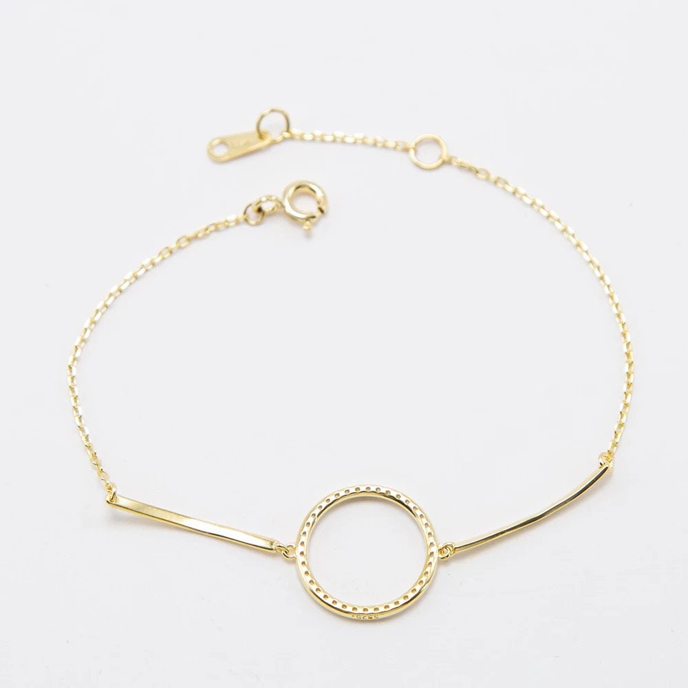 Pave zircon Loop charm with  925 sterling silver bracelet, Gold plated chain Adjustable bracelet  for girls