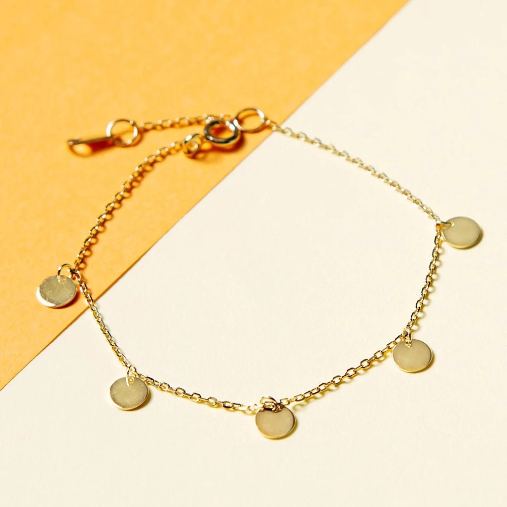 5 mm Disc charm 925 sterling silver bracelet, Real gold plated adjustable bracelet