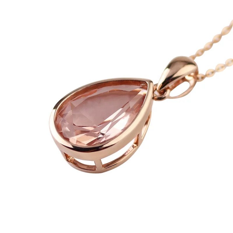 14k gold pendent pear shaped morganite pendent, Bezel setting pendent for women