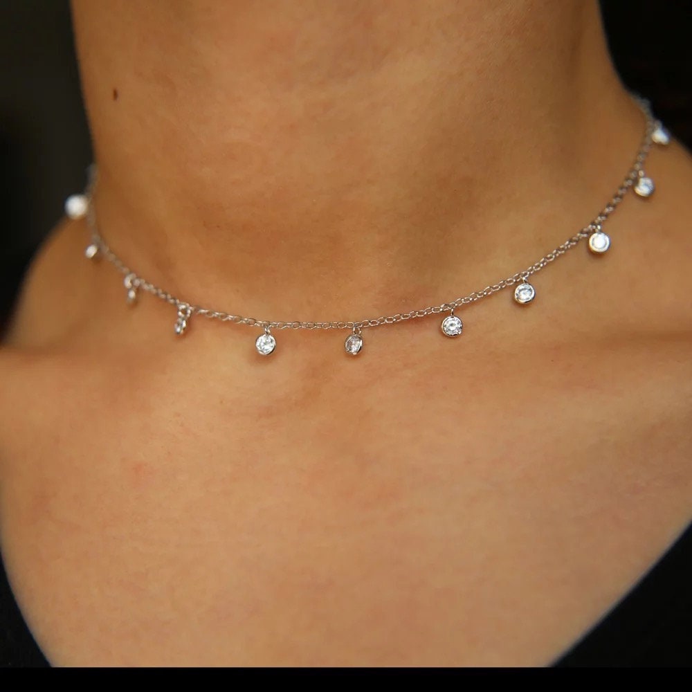 14k Choker CZ diamond drop charms wedding gift, Women choker necklace