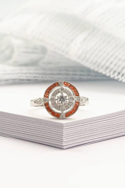 Antique Art Deco inspired white gold ring with diamond and orange sapphire halo, Vintage wedding ring with sapphire and diamonds