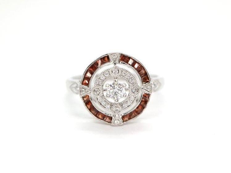 Antique Art Deco inspired white gold ring with diamond and orange sapphire halo, Vintage wedding ring with sapphire and diamonds