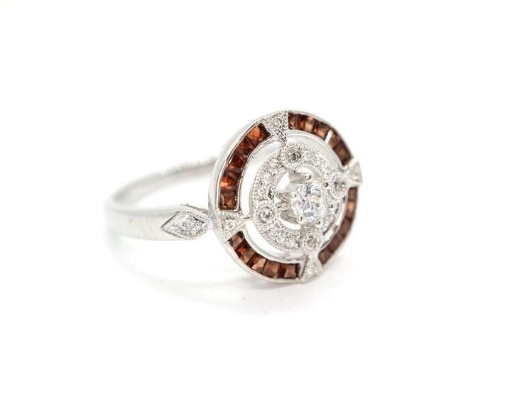 Antique Art Deco inspired white gold ring with diamond and orange sapphire halo, Vintage wedding ring with sapphire and diamonds