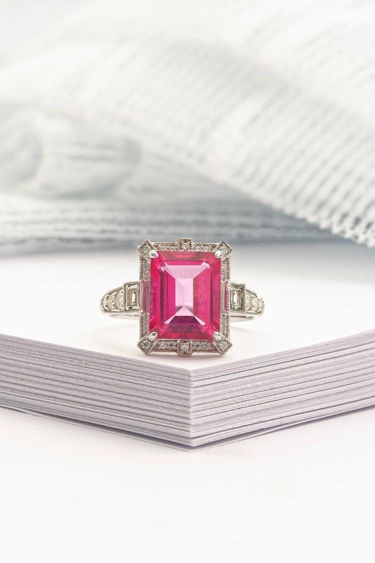 Art Deco vintage pink topaz diamond ring in white gold - art deco emerald cut ring, White gold engagement ring, White gold wedding ring,