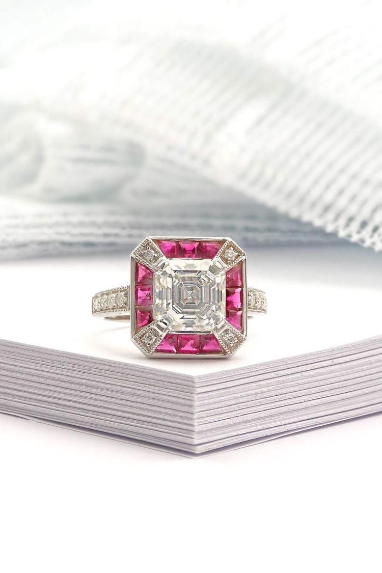 Moissanite and pink tourmaline ring with natural diamond in white gold setting - Moissanite engagement ring, Tourmaline ring,