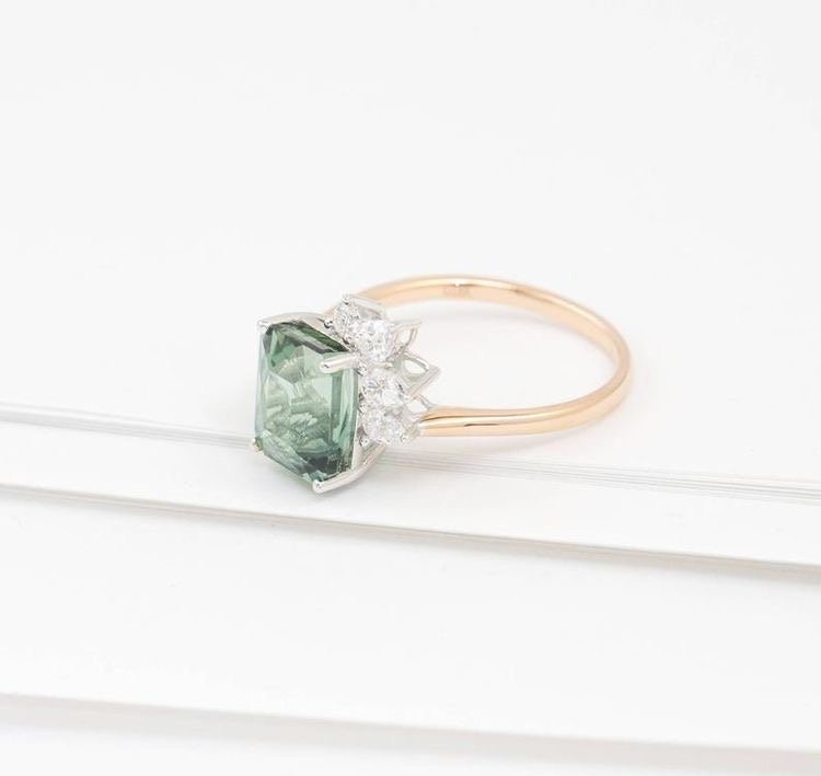 Emerald cut mint Tourmaline with off-set diamond details, Contemporary design ring with custom gemstone in 18k white gold, 18k rose gold.