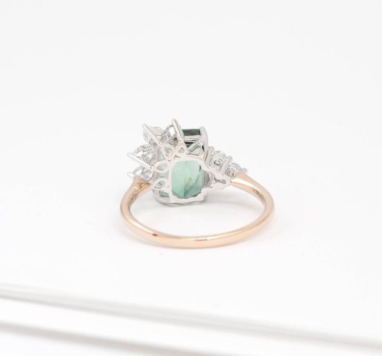 Emerald cut mint Tourmaline with off-set diamond details, Contemporary design ring with custom gemstone in 18k white gold, 18k rose gold.