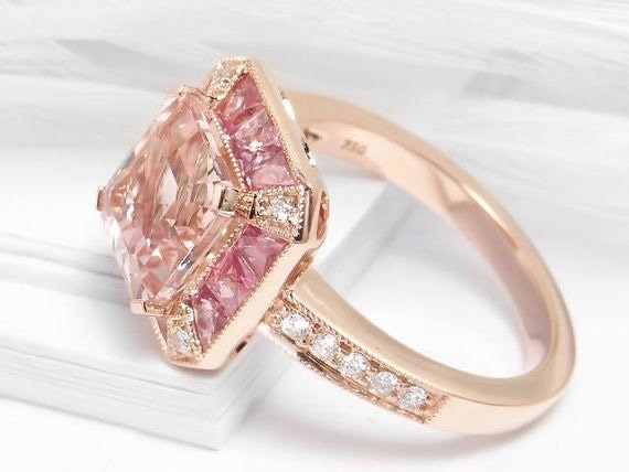 Morganite and pink sapphire 18k rose gold ring with diamond - Natural gemstone ring, Vintage engagement ring, Rose gold ring