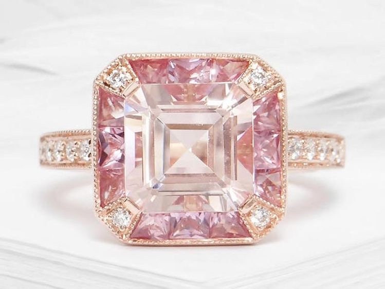 Morganite and pink sapphire 18k rose gold ring with diamond - Natural gemstone ring, Vintage engagement ring, Rose gold ring