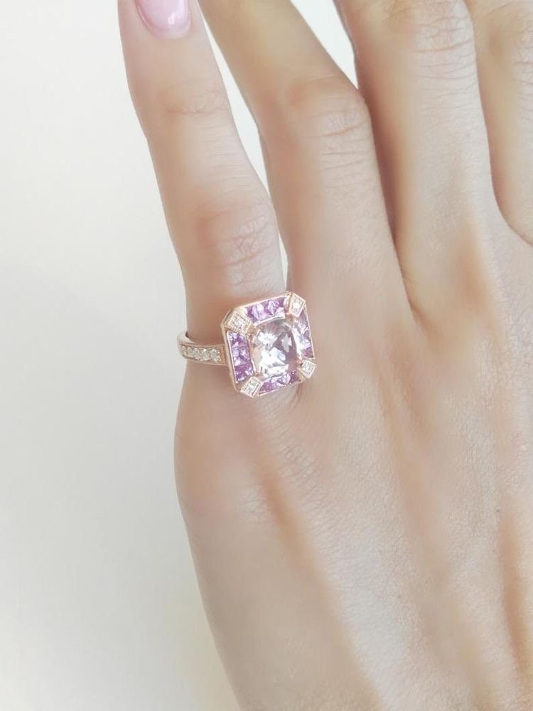 Morganite and pink sapphire 18k rose gold ring with diamond - Natural gemstone ring, Vintage engagement ring, Rose gold ring