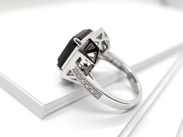 Art deco black onyx ring in Sterling silver and CZ - Black onyx Art deco ring