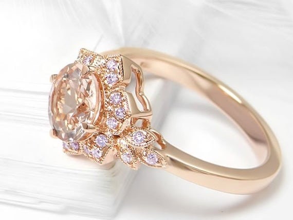 Lotus flower morganite ring, Morganite and  diamond ring, 14k rose gold engagement ring, Flower style engagement ring