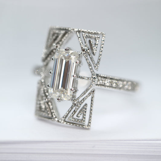 Art Deco moissanite  ring, in white gold setting, Moissanite engagement ring, emerald cut moissanite wedding ring