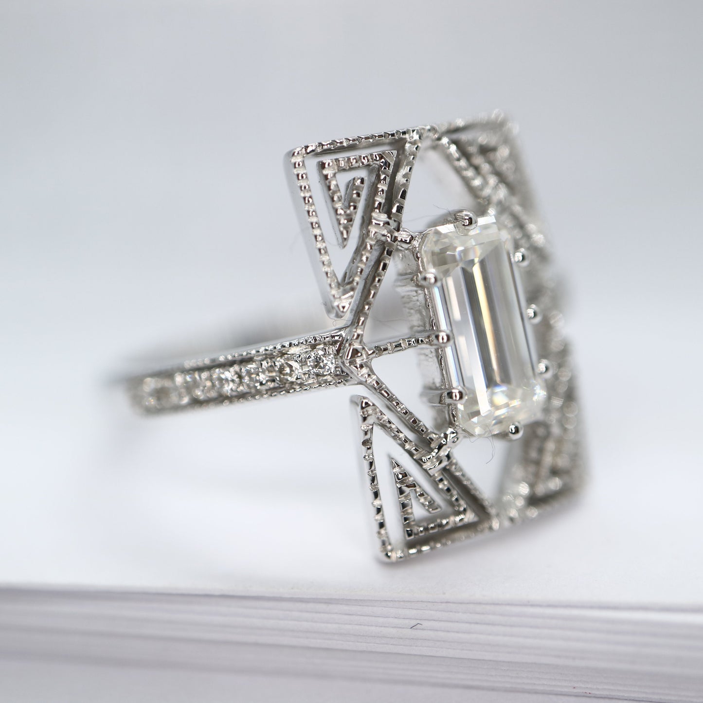 Art Deco moissanite  ring, in white gold setting, Moissanite engagement ring, emerald cut moissanite wedding ring