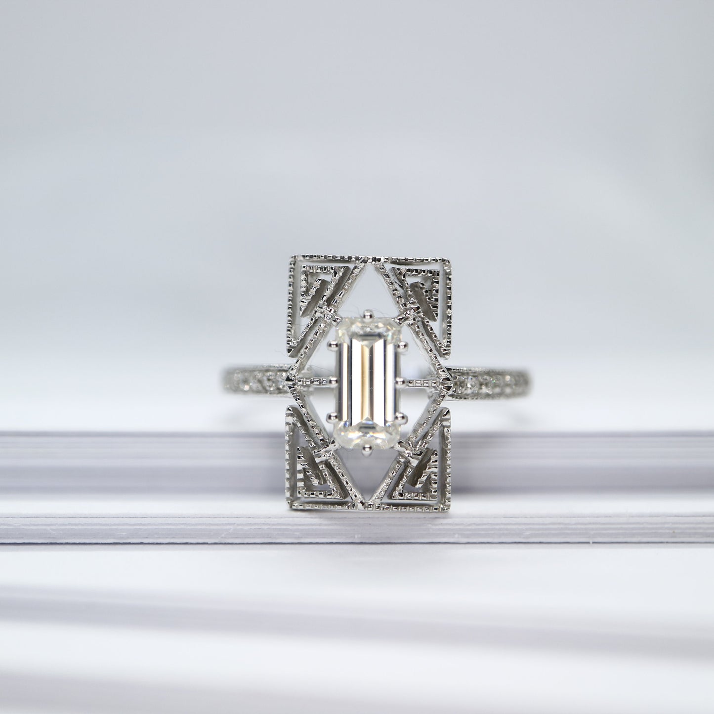 Art Deco moissanite  ring, in white gold setting, Moissanite engagement ring, emerald cut moissanite wedding ring