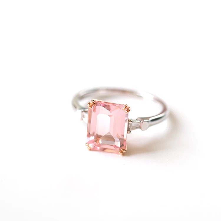 7*9mm Pink morganite and diamond ring, Emerald cut engagement ring, White gold solitaire ring, Anniversary ring