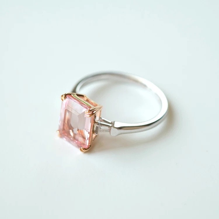 7*9mm Pink morganite and diamond ring, Emerald cut engagement ring, White gold solitaire ring, Anniversary ring