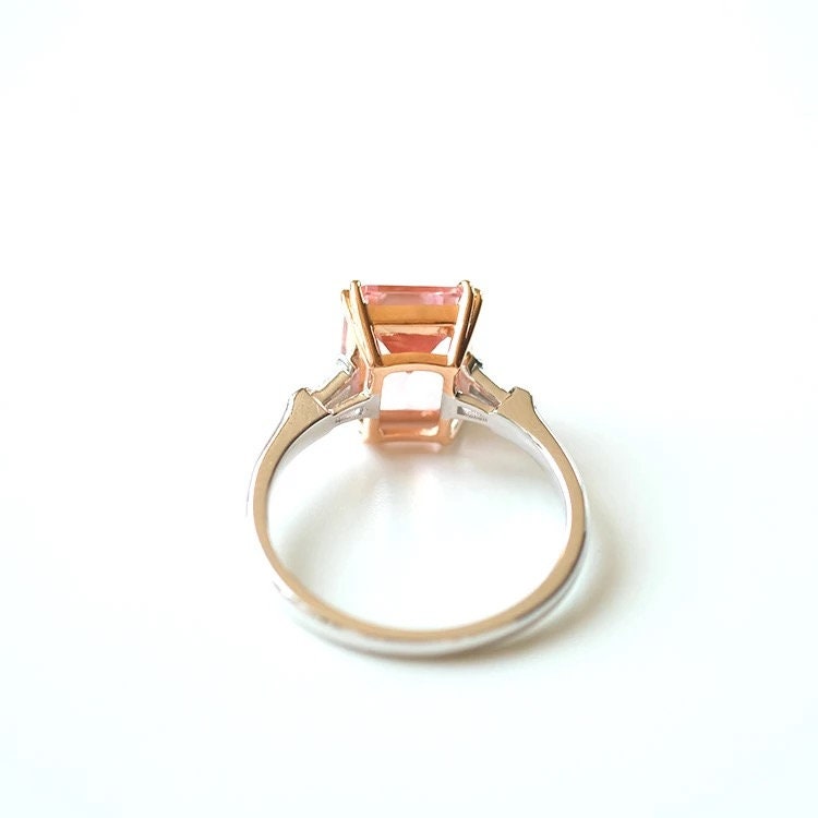 7*9mm Pink morganite and diamond ring, Emerald cut engagement ring, White gold solitaire ring, Anniversary ring