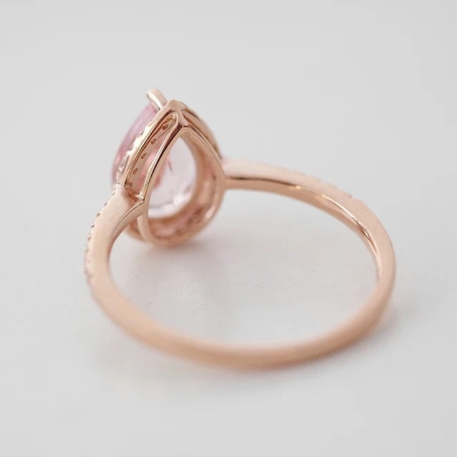 Rose gold halo engagement ring, Waterdrop Pink morganite and diamond ring, Pear cut engagement ring