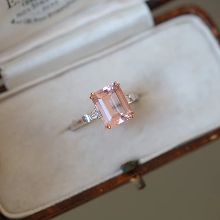 7*9mm Pink morganite and diamond ring, Emerald cut engagement ring, White gold solitaire ring, Anniversary ring