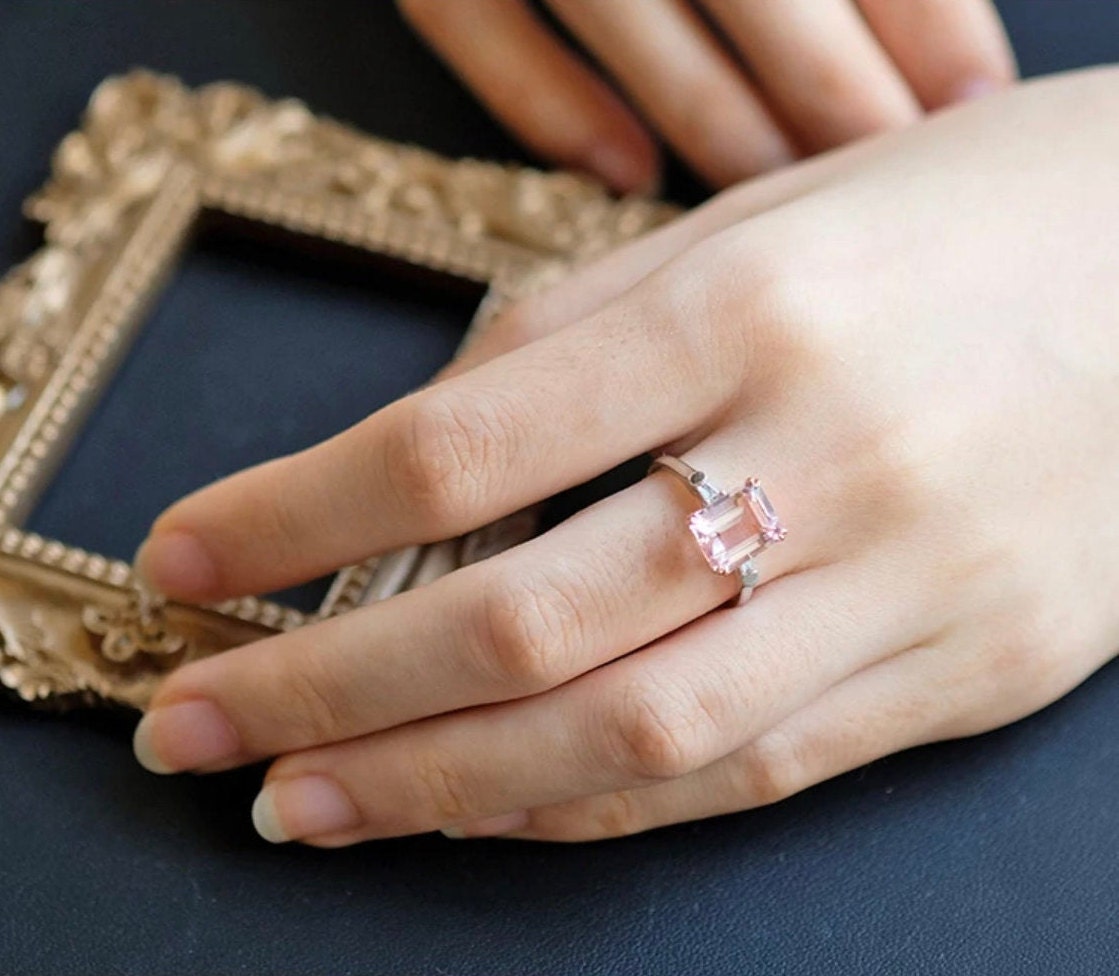 7*9mm Pink morganite and diamond ring, Emerald cut engagement ring, White gold solitaire ring, Anniversary ring