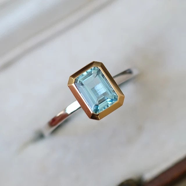 Emerald cut aquamarine engagement ring, white gold and yellow gold ring, Valentine's day gift, Perfect gift for her