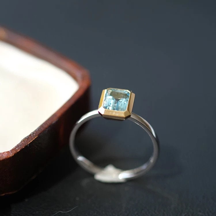 Emerald cut aquamarine engagement ring, white gold and yellow gold ring, Valentine's day gift, Perfect gift for her