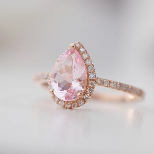 Rose gold halo engagement ring, Waterdrop Pink morganite and diamond ring, Pear cut engagement ring