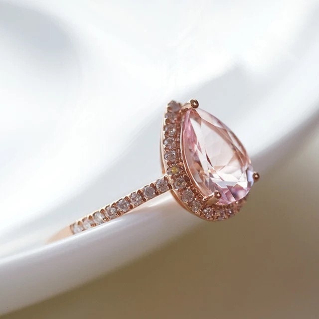 Rose gold halo engagement ring, Waterdrop Pink morganite and diamond ring, Pear cut engagement ring