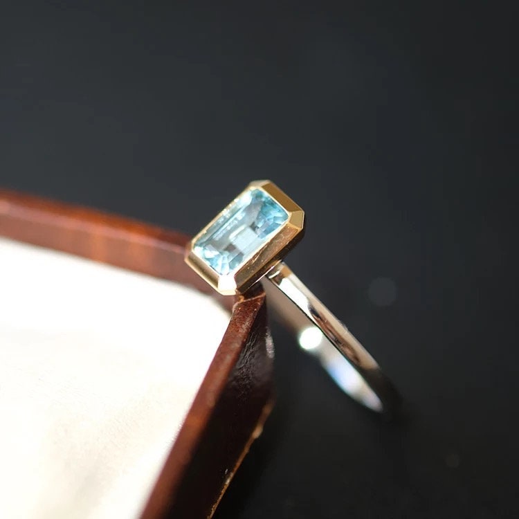 Emerald cut aquamarine engagement ring, white gold and yellow gold ring, Valentine's day gift, Perfect gift for her