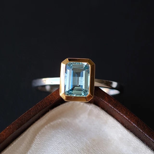 Emerald cut aquamarine engagement ring, white gold and yellow gold ring, Valentine's day gift, Perfect gift for her