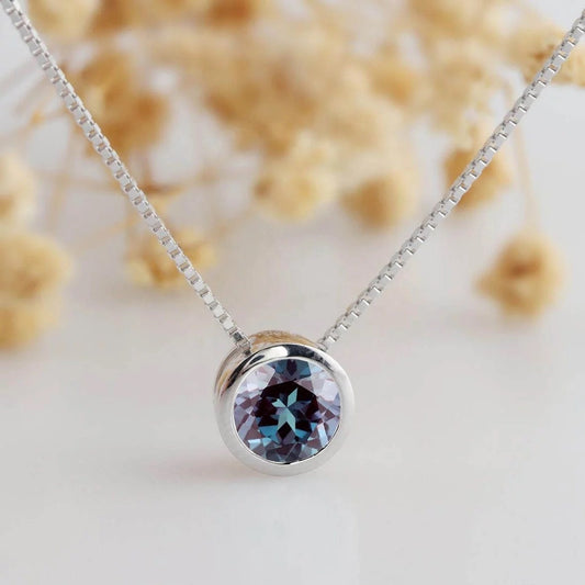 925 Sterling silver lab Alexandrite necklace, round Alexandrite necklace