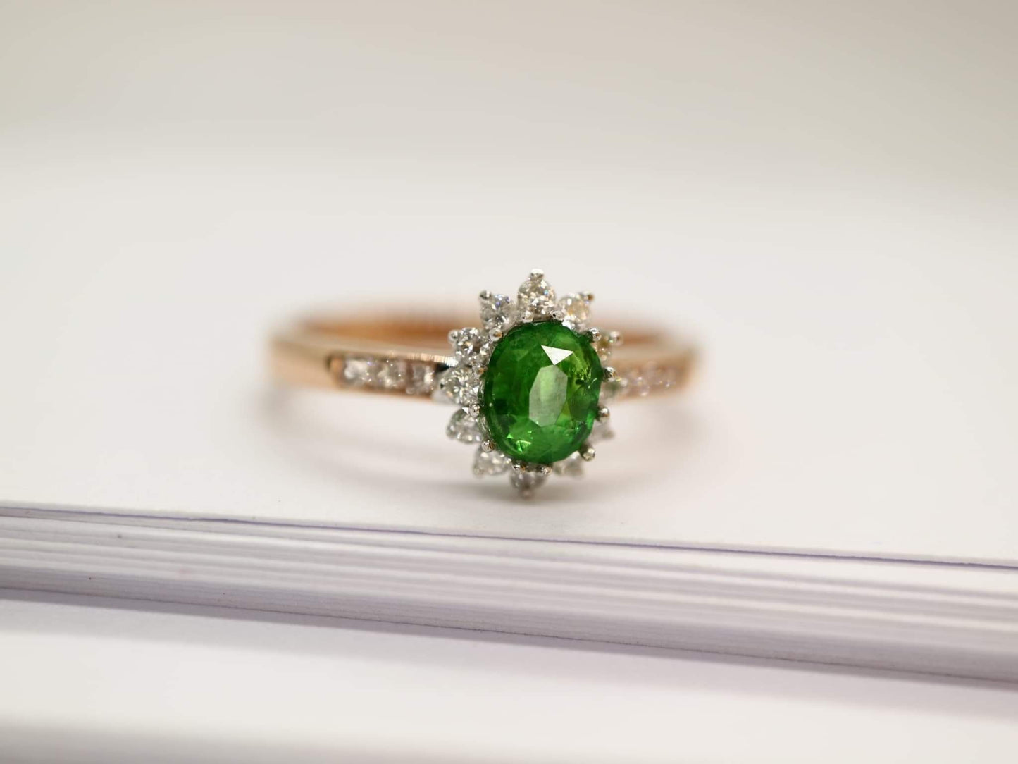 Tsavorite garnet diamond halo ring in rose gold, white gold. Engagement ring, Promise ring, October birthstone